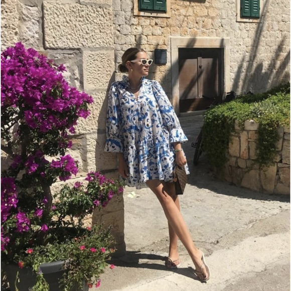 H&M Dresses & Skirts - H&M Conscious Smock Dress with Puffed Sleeves Blue Watercolor Size Small